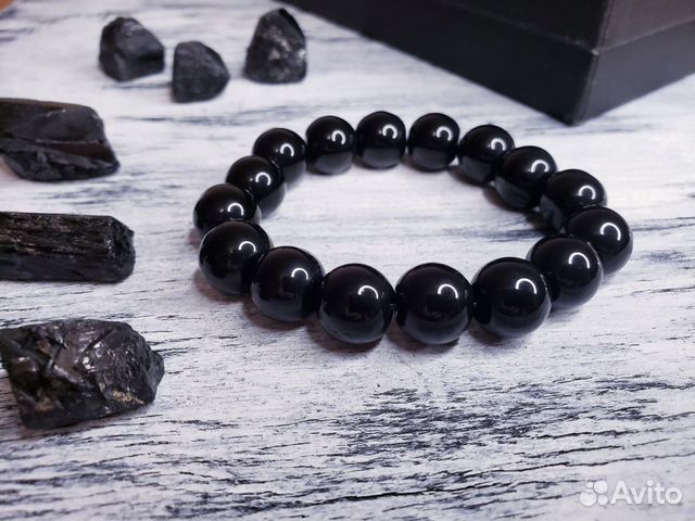 Браслет из натурального черного обсидиана 12мм
