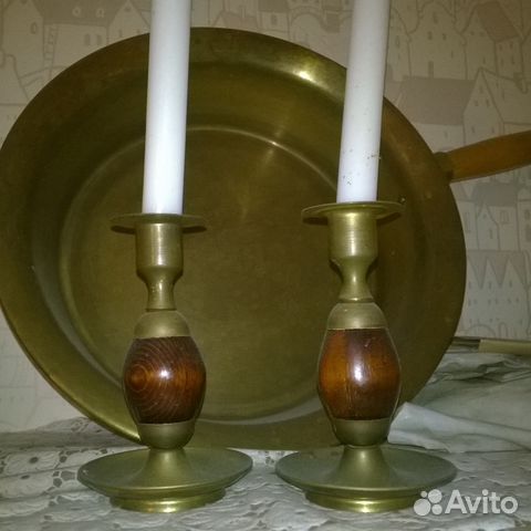Ступка, подсвечники (латунь, дерево)