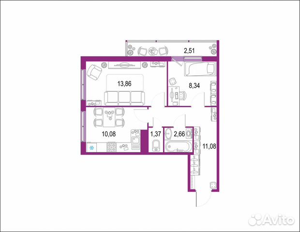2-к квартира, 49.9 м², 13/22 эт.