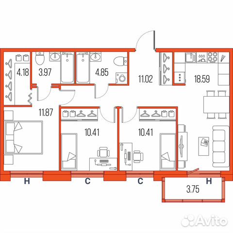 3-к квартира, 75.3 м², 6/22 эт.