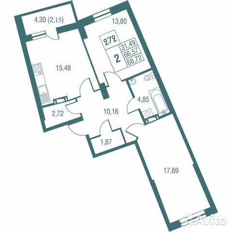 2-к квартира, 68.7 м², 10/25 эт.