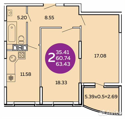 2-к квартира, 63.4 м², 17/17 эт. 2-к квартира, 63.4 м², 17/17 эт.