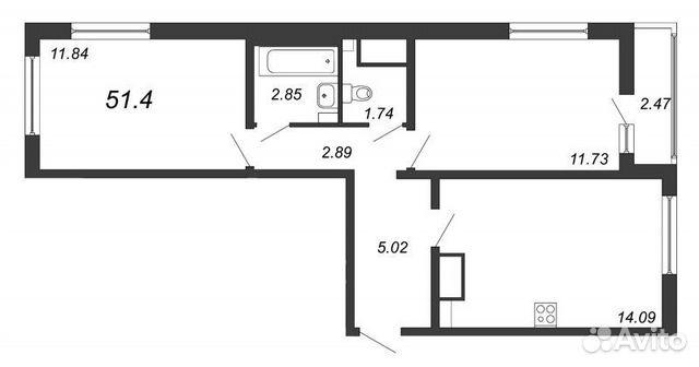 2-к квартира, 51.4 м², 6/13 эт.