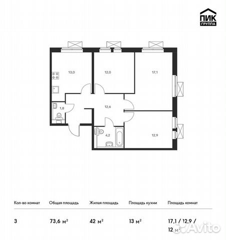 3-к квартира, 73.6 м², 13/17 эт.
