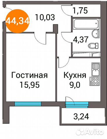 1-к квартира, 44.3 м², 13/14 эт.