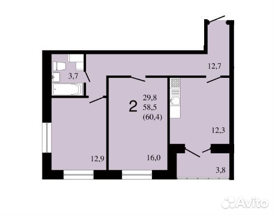 2-к квартира, 60.4 м², 5/16 эт.