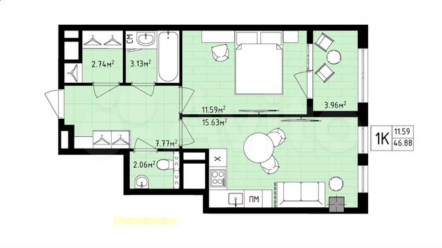 1-к. квартира, 46,9 м², 7/16 эт.