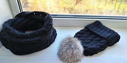 Вязаная шапка с помпоном, снуд, шарф. Меринос