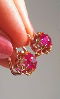 Золотые советские серьги с рубинами Кувшинки