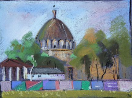 Картина, рисунок, пейзаж с деревьями и зданием