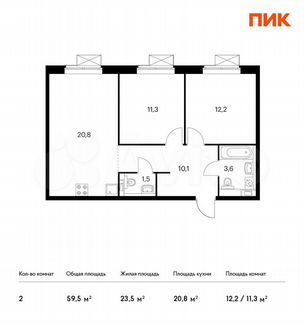 2-к квартира, 59.5 м², 24/25 эт.
