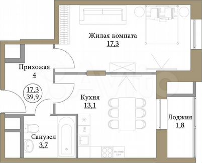1-к квартира, 39.9 м², 4/17 эт.
