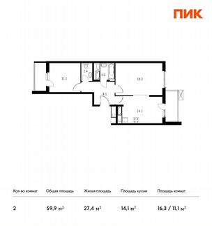 2-к квартира, 59.9 м², 2/25 эт.